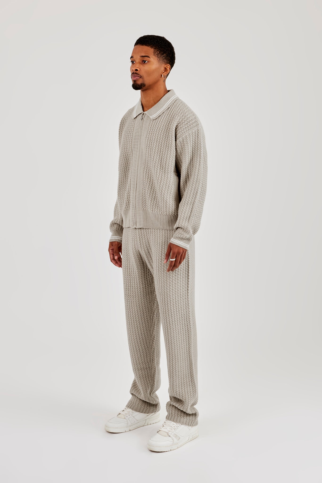 Gestrickte Harrington- und Jogginghose – Taupe